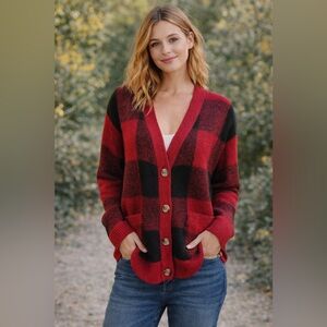 NEW Style & Co. Buffalo Check Sweater Sz Petite Lg. Red Black Cardigan Buttons